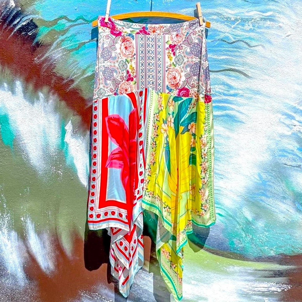 Gorgeous farm rio Brazil asymmetrical silk patchwork floral scarf midi skirt